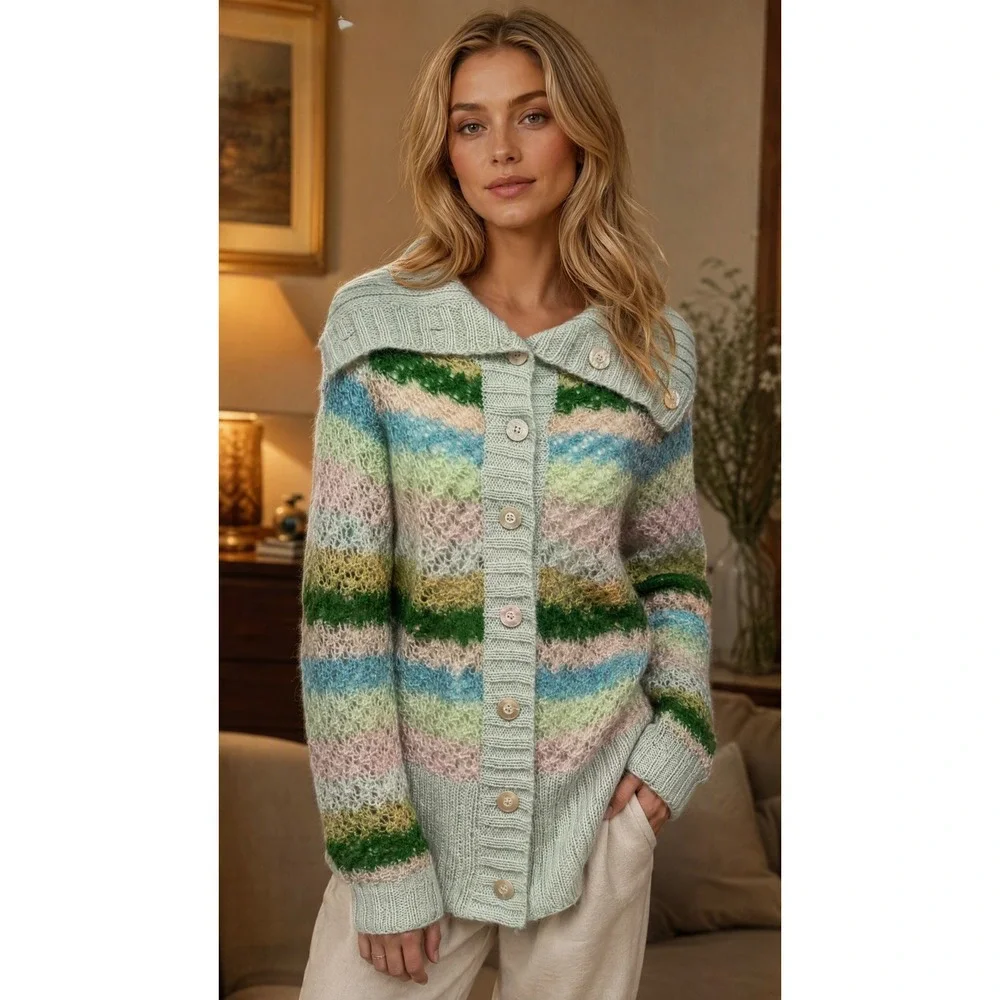 Free People‎ Stripe Cardigan Pastel Green, Pink, Blue Shawl Collar Wool Blend M